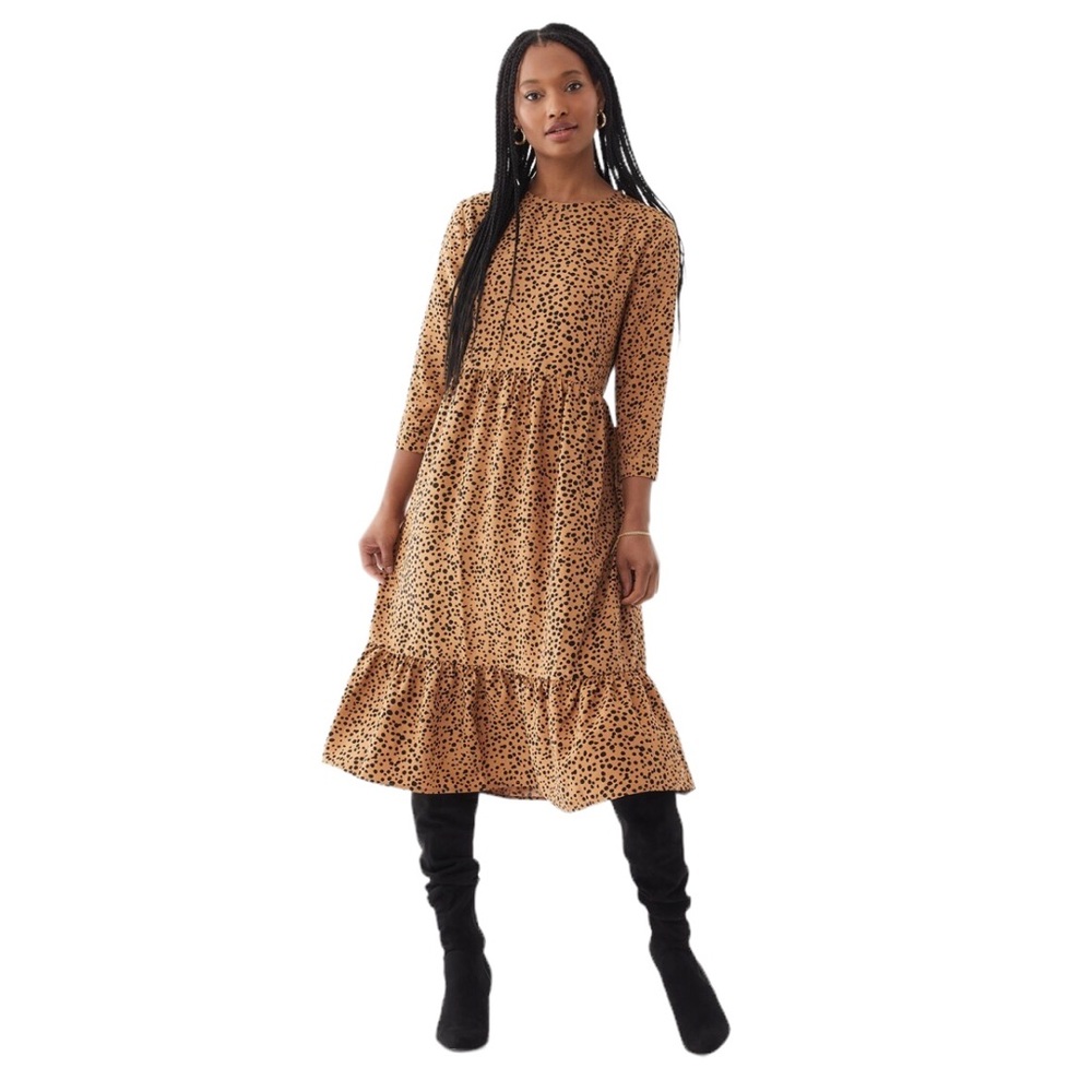 Scoop Tiered Camel Abstract Dot Maxi Dress